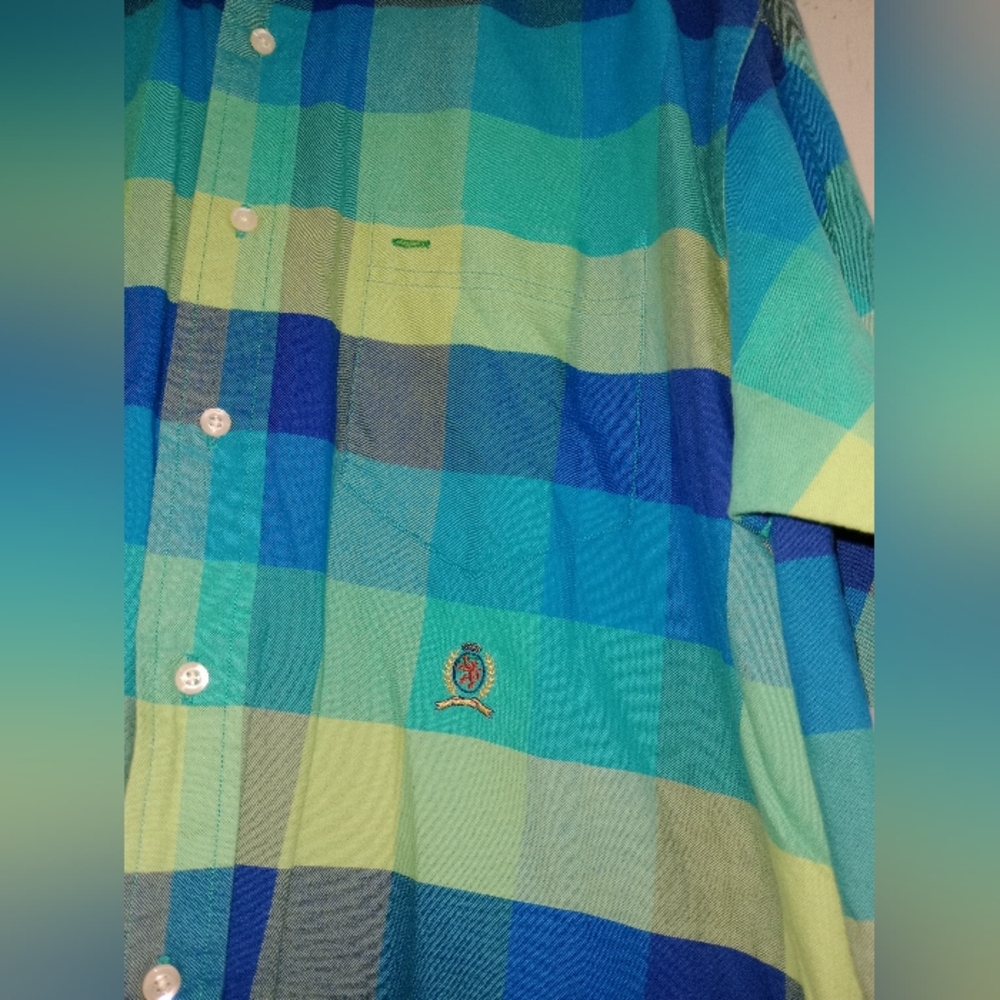 Men's Blue and Green Plaid Shirt - Picture 3 of 4